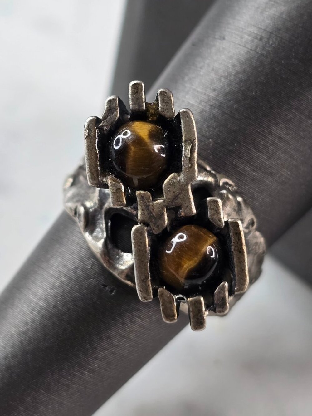 Womens Vintage Estate Sterling Silver Modernist Tigers Eye Ring 10.2g E4112